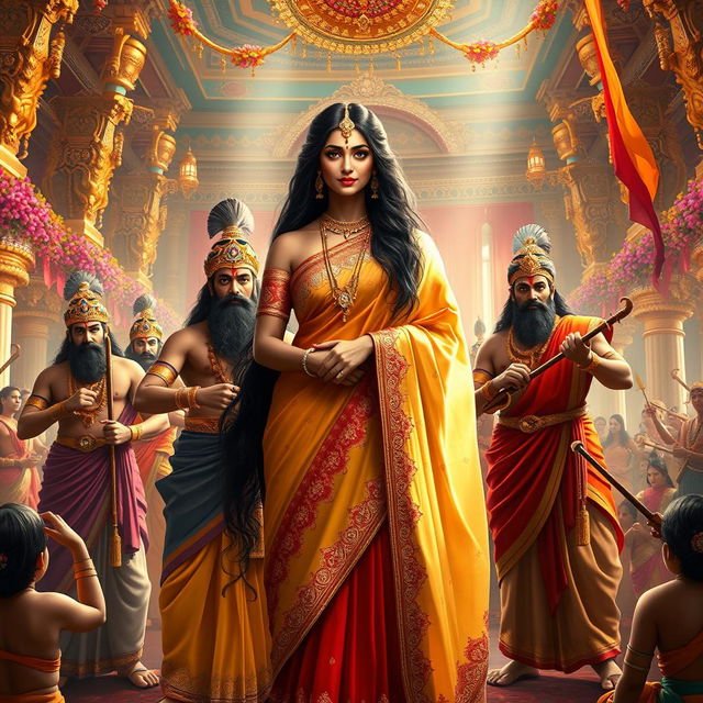 An elaborate and colorful depiction of the ancient Indian epic, Mahabharata, specifically the marriage of Draupadi