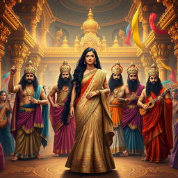 An elaborate and colorful depiction of the ancient Indian epic, Mahabharata, specifically the marriage of Draupadi