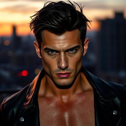 A strikingly handsome man with sharp features, intense gaze, and well-defined jawline