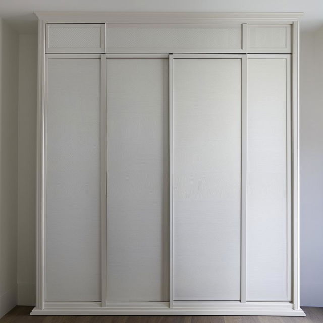 A large 8 by 8 sliding wardrobe in varying shades of white with a textured finish and lavish prints.