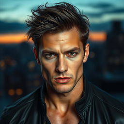 A strikingly handsome man with sharp features, intense gaze, and well-defined jawline
