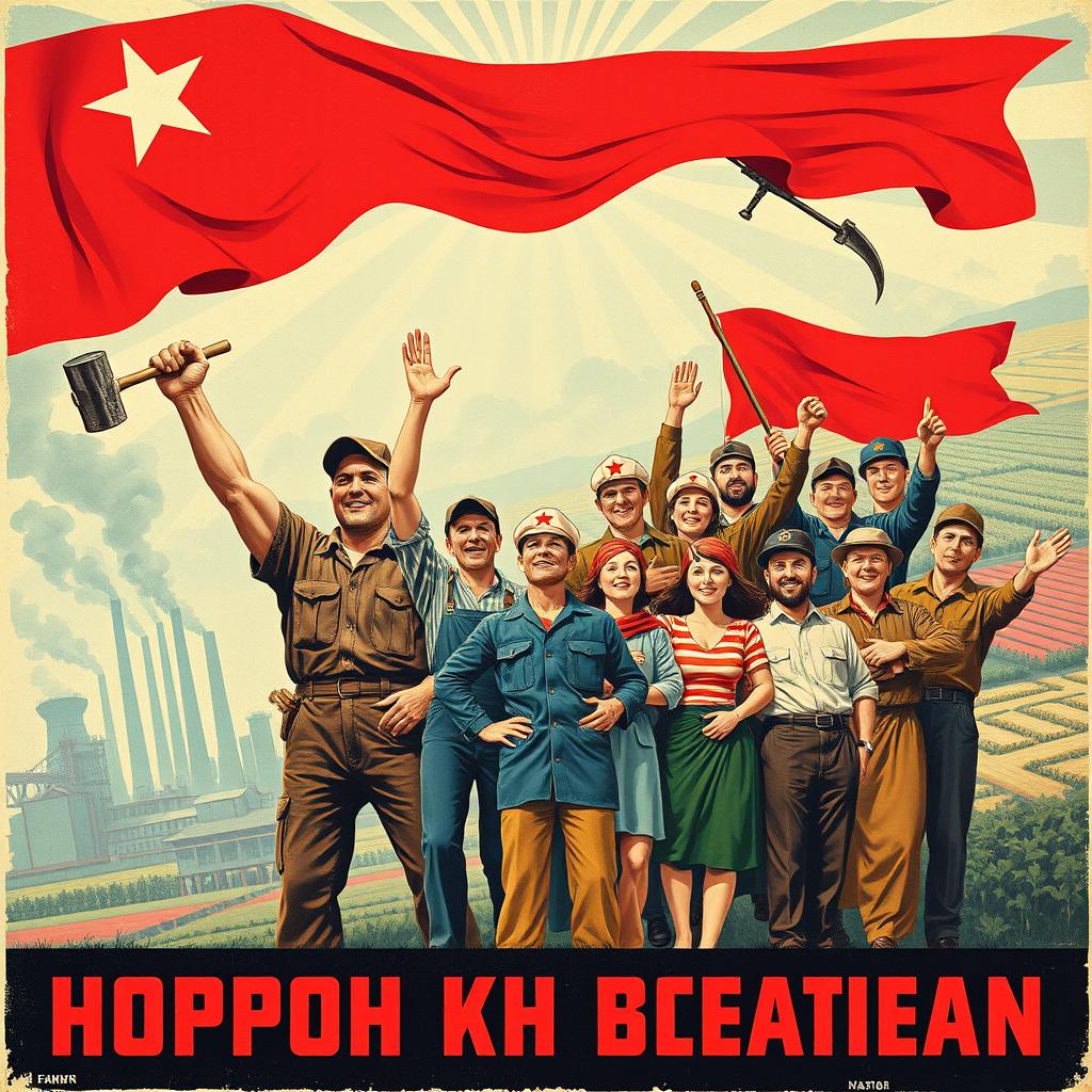 A vibrant and inspiring piece of Soviet propaganda artwork depicting heroic workers and farmers united under the red banner of communism