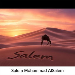 A majestic desert landscape at sunset with a silhouette of a lone camel walking across the sand dunes