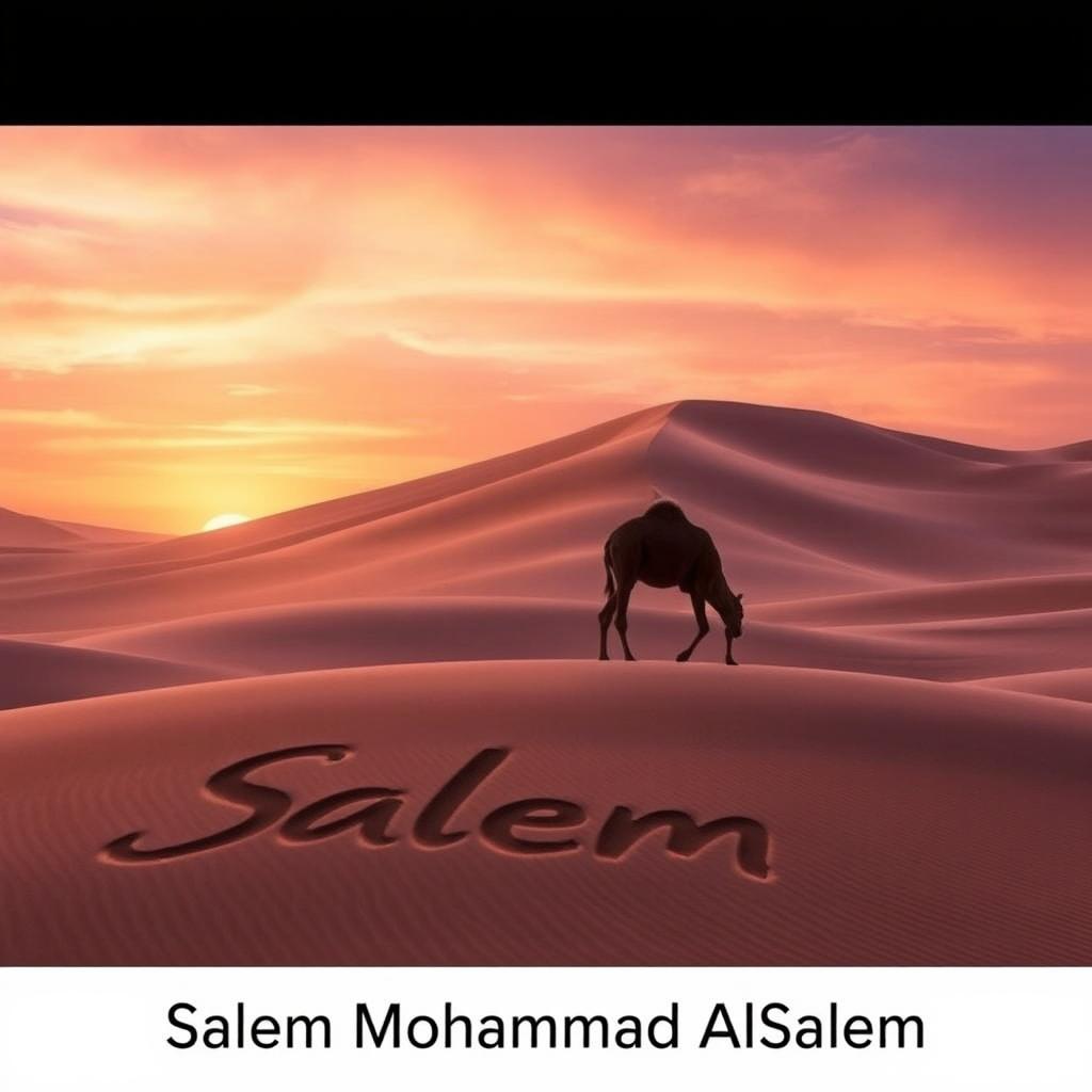 A majestic desert landscape at sunset with a silhouette of a lone camel walking across the sand dunes