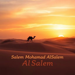 A majestic desert landscape at sunset with a silhouette of a lone camel walking across the sand dunes