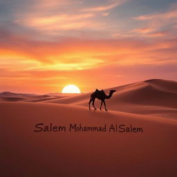 A majestic desert landscape at sunset with a silhouette of a lone camel walking across the sand dunes