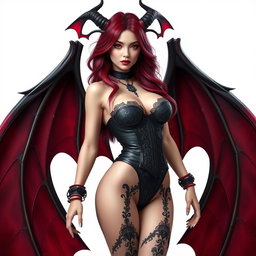 A stunning VTuber model designed as a succubus, featuring elegant, alluring traits such as large, bat-like wings, long flowing hair with shades of deep red and purple, and piercing crimson eyes