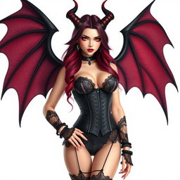 A stunning VTuber model designed as a succubus, featuring elegant, alluring traits such as large, bat-like wings, long flowing hair with shades of deep red and purple, and piercing crimson eyes