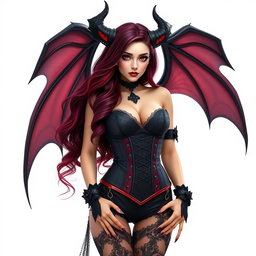 A stunning VTuber model designed as a succubus, featuring elegant, alluring traits such as large, bat-like wings, long flowing hair with shades of deep red and purple, and piercing crimson eyes