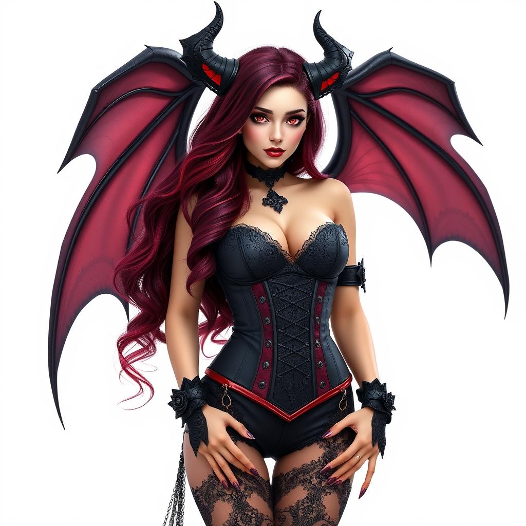 A stunning VTuber model designed as a succubus, featuring elegant, alluring traits such as large, bat-like wings, long flowing hair with shades of deep red and purple, and piercing crimson eyes