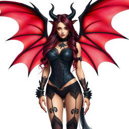 A stunning VTuber model designed as a succubus, featuring elegant, alluring traits such as large, bat-like wings, long flowing hair with shades of deep red and purple, and piercing crimson eyes