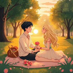 A romantic illustration depicting the idyllic moment between two lovers, surrounded by a serene sunset