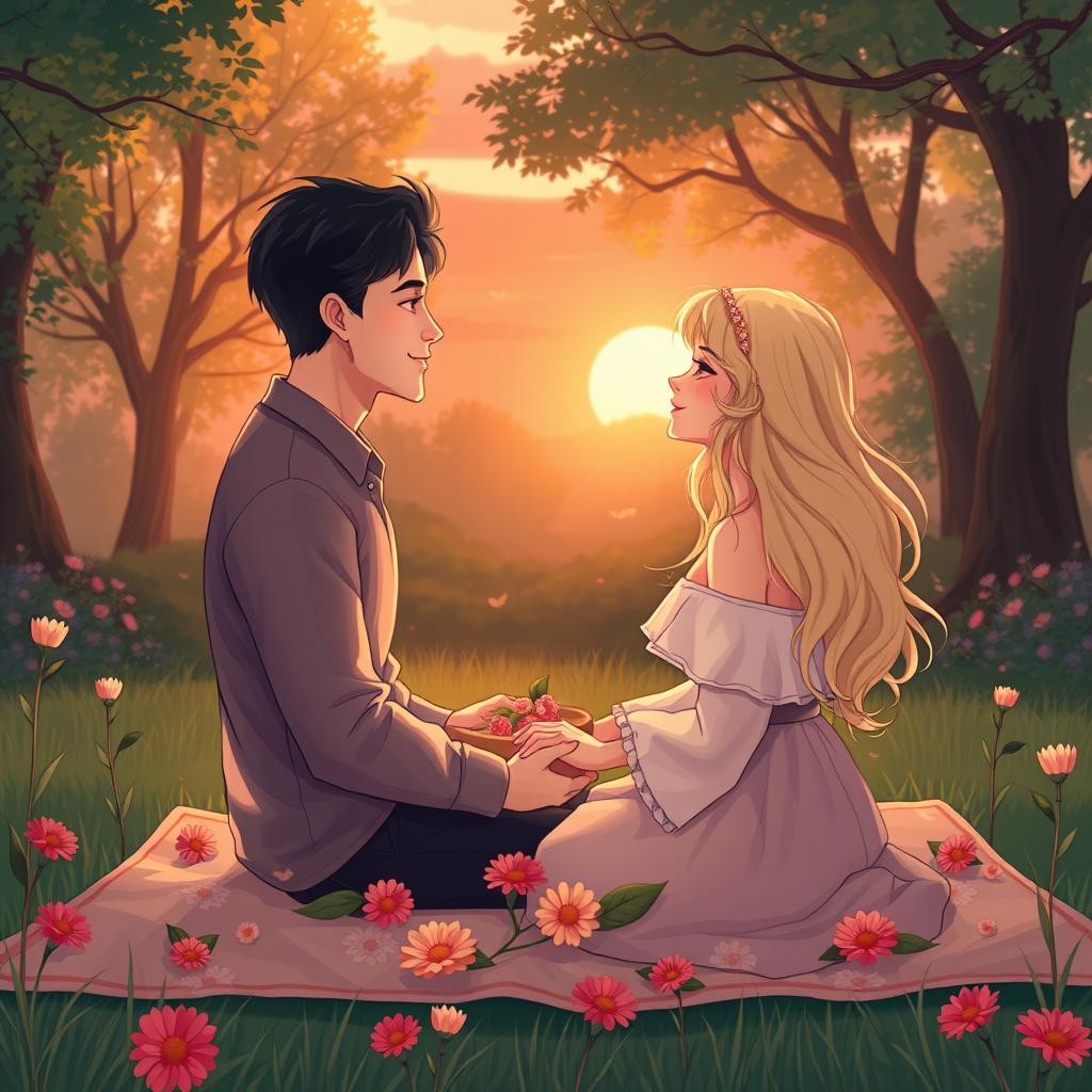 A romantic illustration depicting the idyllic moment between two lovers, surrounded by a serene sunset