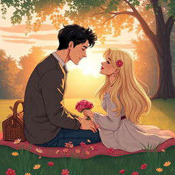 A romantic illustration depicting the idyllic moment between two lovers, surrounded by a serene sunset