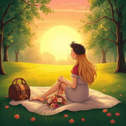 A romantic illustration depicting the idyllic moment between two lovers, surrounded by a serene sunset