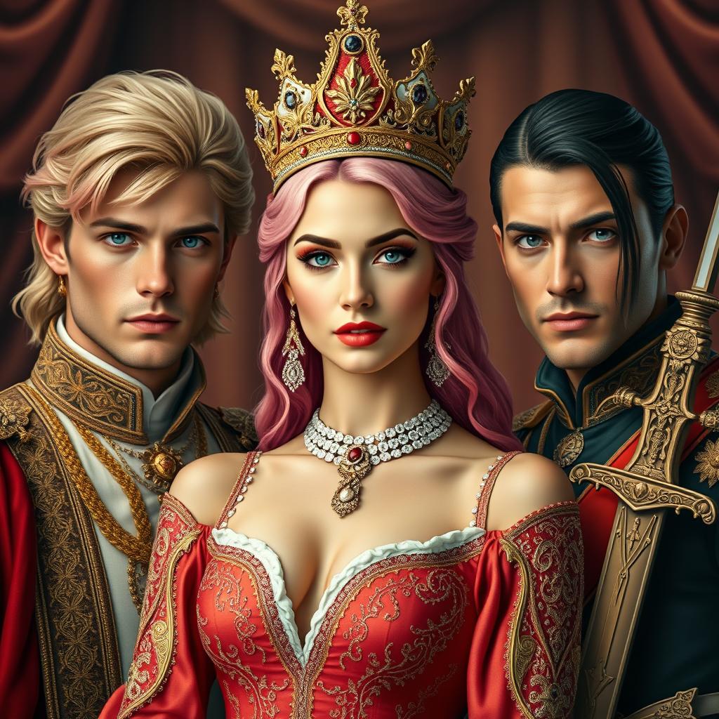 A woman with striking pink hair and captivating ruby eyes, adorned in elegant Western royal attire