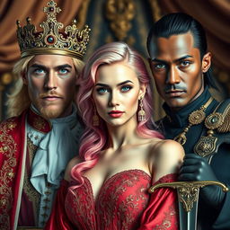 A woman with striking pink hair and captivating ruby eyes, adorned in elegant Western royal attire