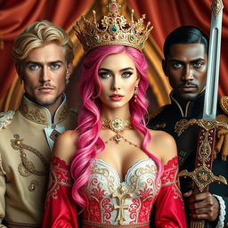 A woman with striking pink hair and captivating ruby eyes, adorned in elegant Western royal attire