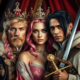 A woman with striking pink hair and captivating ruby eyes, adorned in elegant Western royal attire