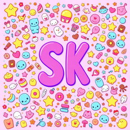 A vibrant and playful design featuring the letters 'SK' prominently displayed in the center