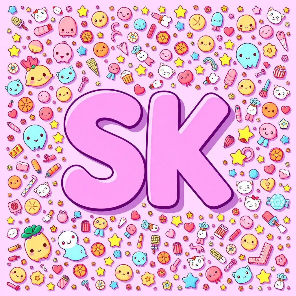 A vibrant and playful design featuring the letters 'SK' prominently displayed in the center