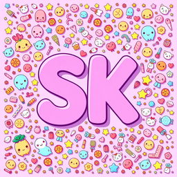 A vibrant and playful design featuring the letters 'SK' prominently displayed in the center