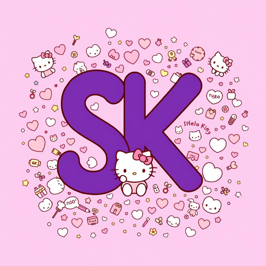A vibrant illustration featuring the letters 'SK' prominently in the center, colored in a dark purple hue