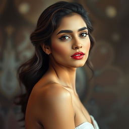 a portrait of a beautiful Bangladeshi actress with an elegant pose, showcasing stunning features and radiant skin, surrounded by a soft, ethereal glow, emphasizing her grace and charm