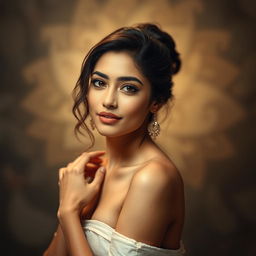 a portrait of a beautiful Bangladeshi actress with an elegant pose, showcasing stunning features and radiant skin, surrounded by a soft, ethereal glow, emphasizing her grace and charm