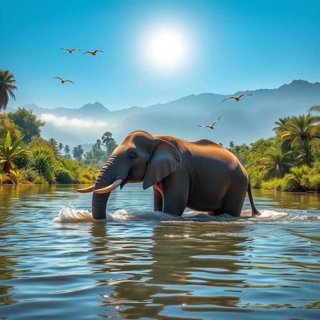 An elephant gracefully wading through a serene river, surrounded by lush greenery and tropical plants