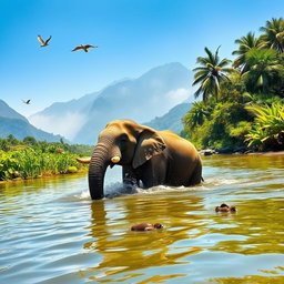 An elephant gracefully wading through a serene river, surrounded by lush greenery and tropical plants