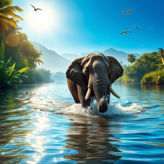 An elephant gracefully wading through a serene river, surrounded by lush greenery and tropical plants