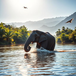 An elephant gracefully wading through a serene river, surrounded by lush greenery and tropical plants