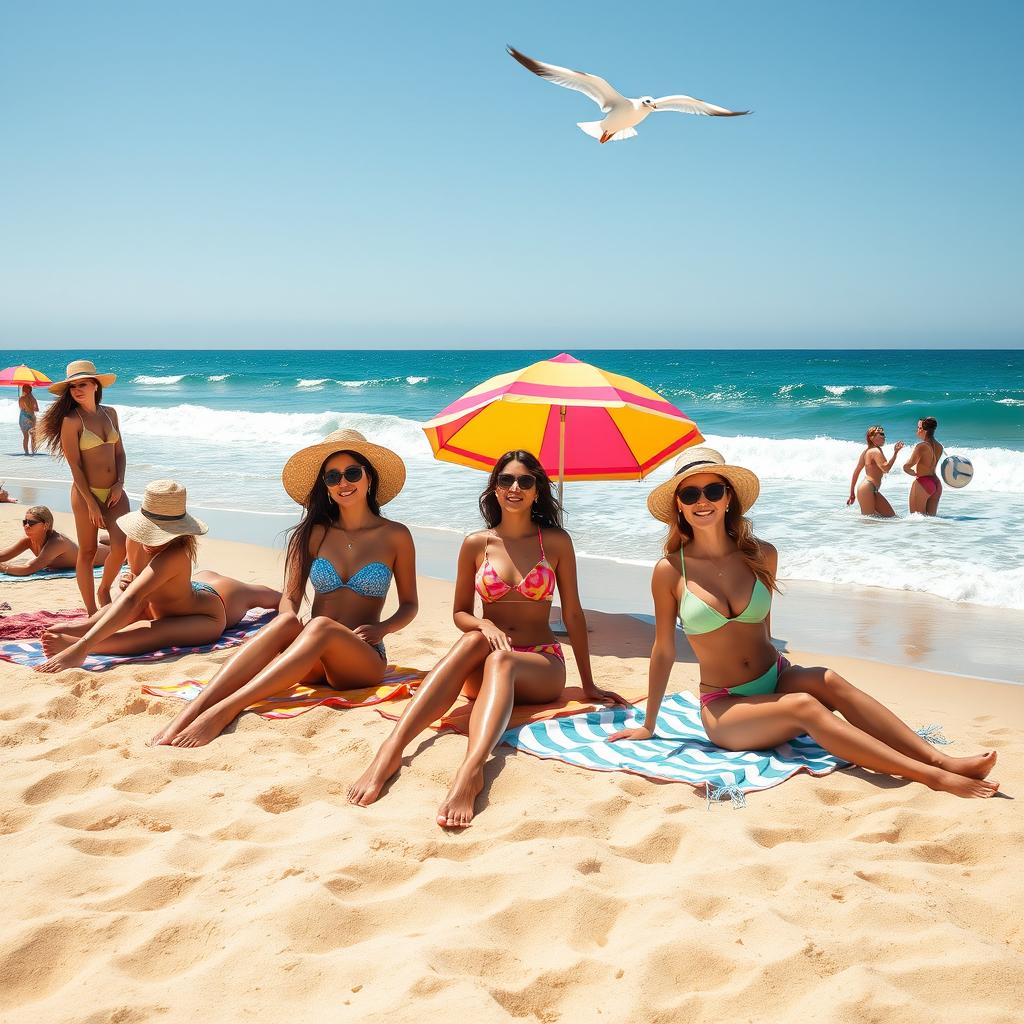 A serene beach scene featuring beautiful women enjoying a sunny day