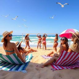A serene beach scene featuring beautiful women enjoying a sunny day