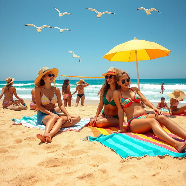 A serene beach scene featuring beautiful women enjoying a sunny day