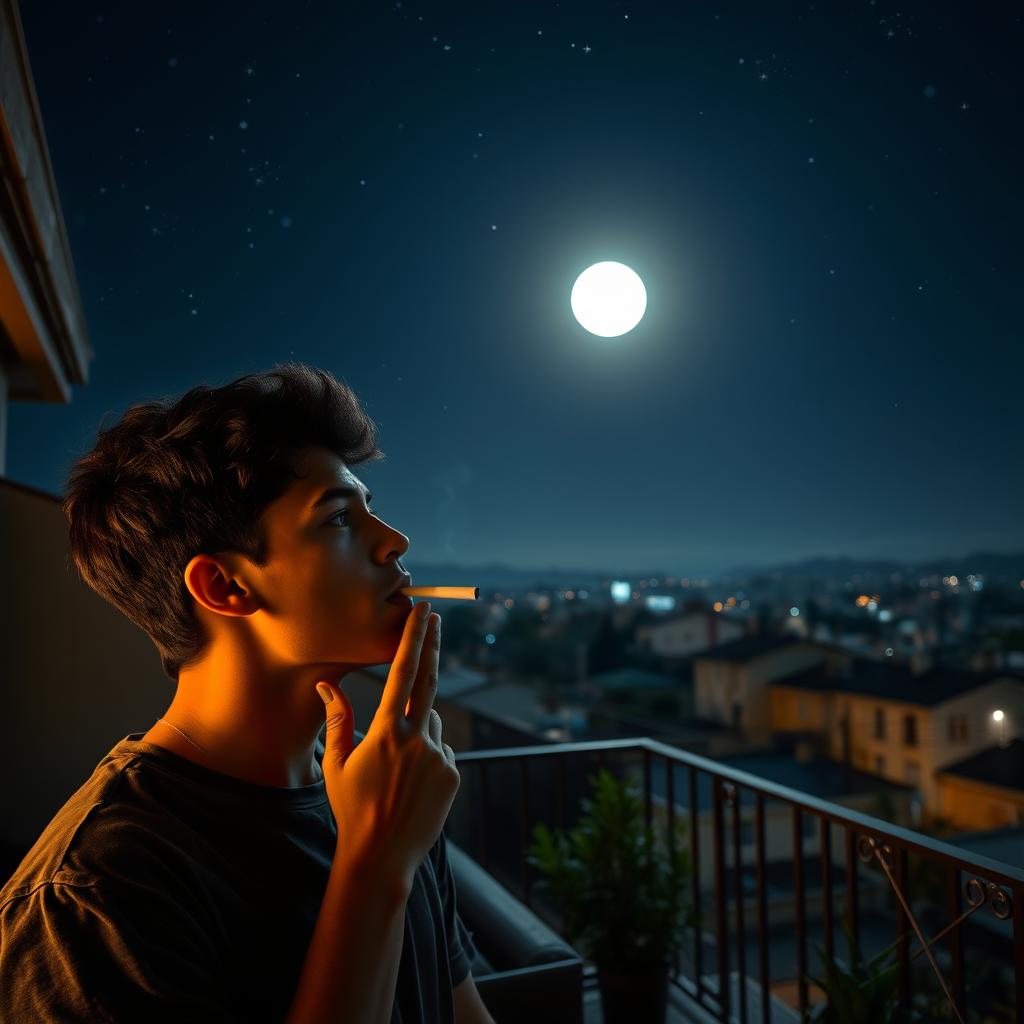 A young man observing the moon from the terrace of his house, taking a leisurely puff from a cigarette