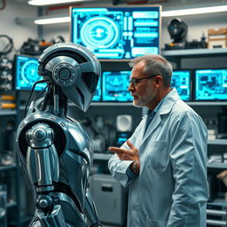 A futuristic robotics lab showcasing advanced AI technology, featuring sleek metallic robots and glowing holographic interfaces