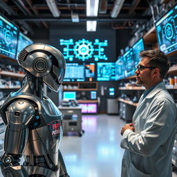 A futuristic robotics lab showcasing advanced AI technology, featuring sleek metallic robots and glowing holographic interfaces
