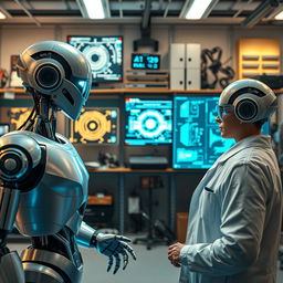 A futuristic robotics lab showcasing advanced AI technology, featuring sleek metallic robots and glowing holographic interfaces