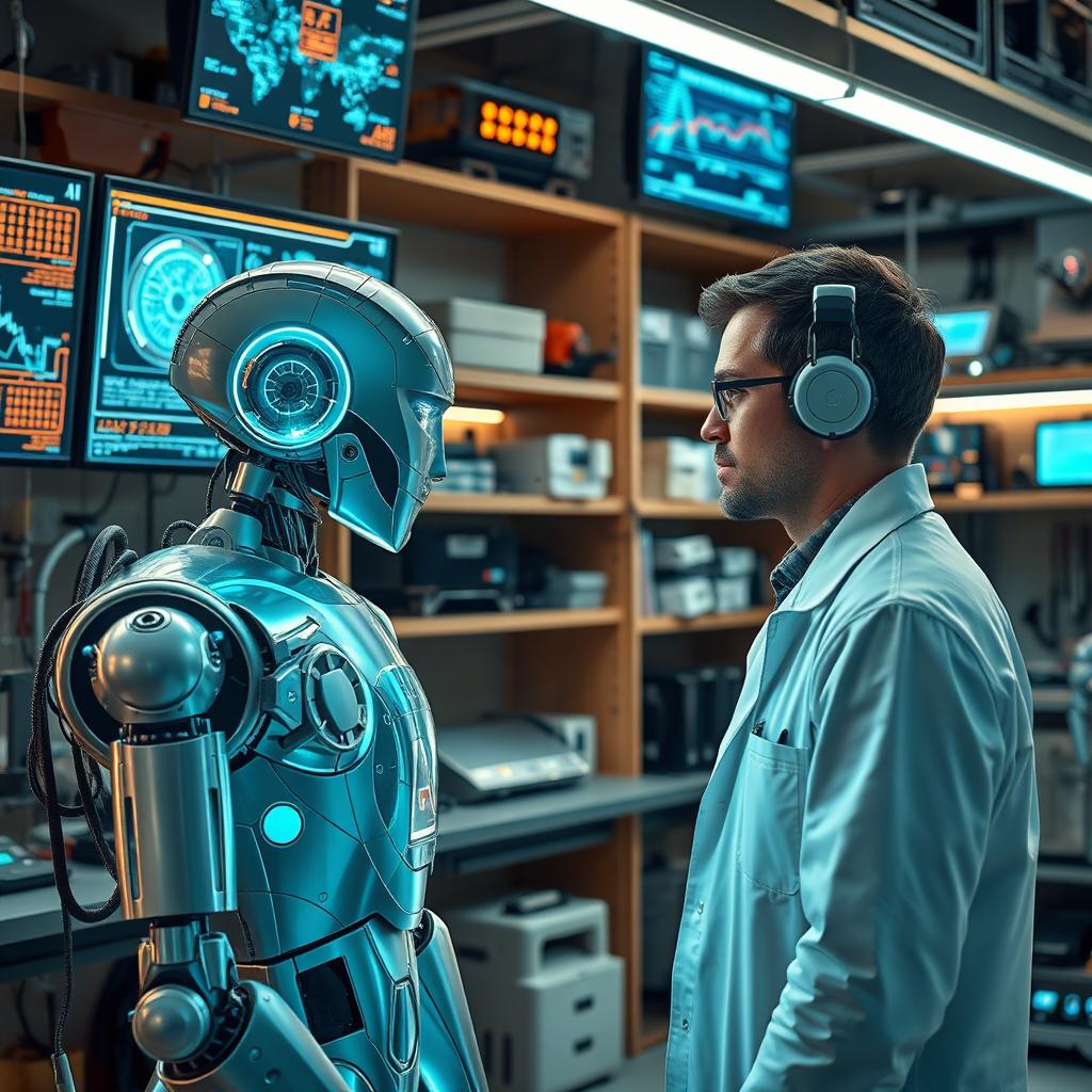 A futuristic robotics lab showcasing advanced AI technology, featuring sleek metallic robots and glowing holographic interfaces