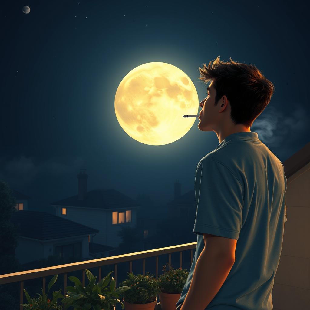 A young man observing the moon from the terrace of his house, smoking a cigarette