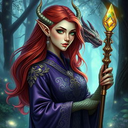 An elegant elf draconic sorceress with flowing auburn hair cascading down her shoulders