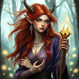 An elegant elf draconic sorceress with flowing auburn hair cascading down her shoulders