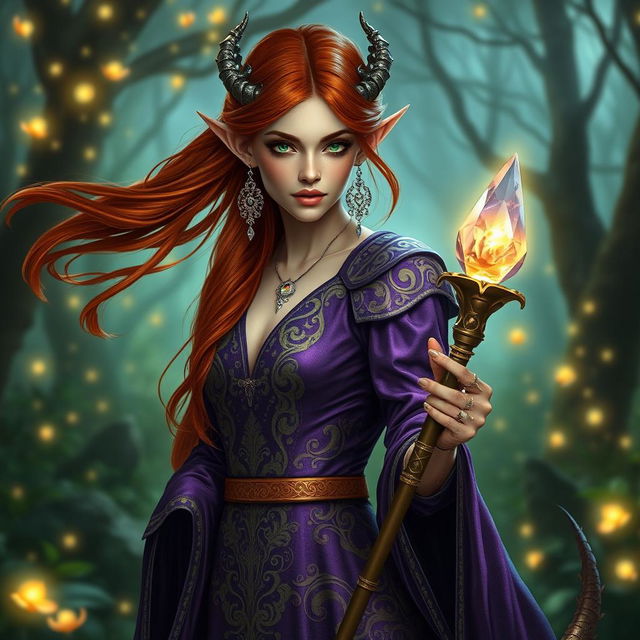 An elegant elf draconic sorceress with flowing auburn hair cascading down her shoulders