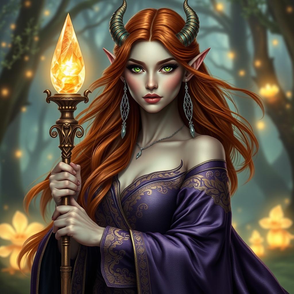 An elegant elf draconic sorceress with flowing auburn hair cascading down her shoulders