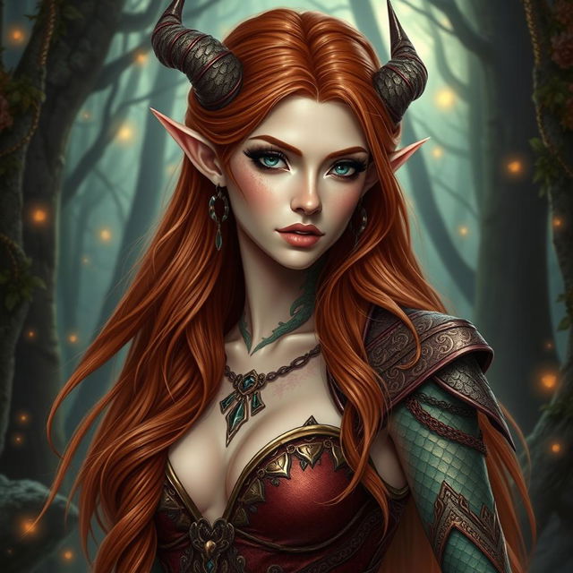 A sexy auburn elf sorceress with elegant features and draconic scales covering part of her skin, without any horns