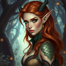 A sexy auburn elf sorceress with elegant features and draconic scales covering part of her skin, without any horns