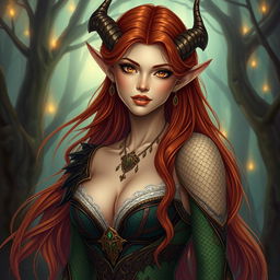 A sexy auburn elf sorceress with elegant features and draconic scales covering part of her skin, without any horns