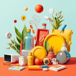 A conceptual art piece representing utility and value, depicting various essential items that symbolize life and practicality